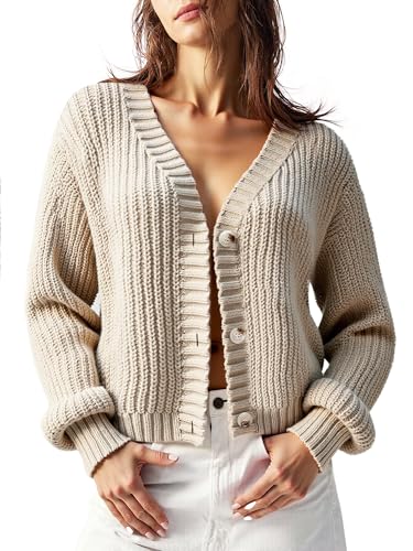 Women’s Chunky Knit Cardigan – Waffle Knit Button Down Oversized V Neck Fall Sweater for Casual Layering4