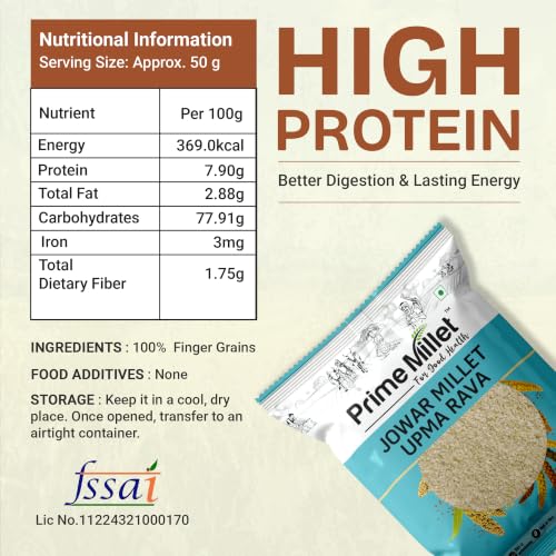 Image of Prime Millet For Good Health Organic Jowar Upma Rava | Premium Sorghum Millet Upma Mix | High Fiber Superfood | Gluten Free Healthy Breakfast Ingredient | Supports Healthy Digestion | Natural Unpolished Jowar Rava | Ancient Grain Nutrition (500 Gram)