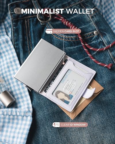 Image of VULKIT Slim Bifold Pop up Wallet Minimalist Leather Card Holder RFID Blocking Metal Card Case with ID Window for Women | with Leather Slots