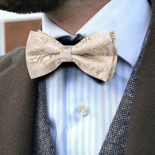 Image of YOHOWA Mens Bow Tie Set Paisley Pre-tied Bowties Adjustable with Handkerchief Cufflinks Gold Ring Set Wedding Prom Party