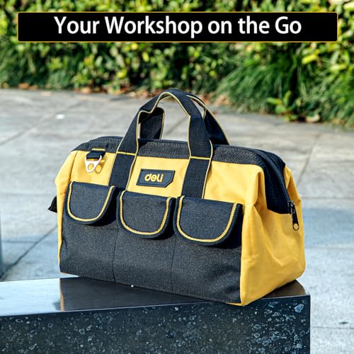 Image of Deli DL430013 13 inch Oxford Tool Storage Bag with Multi Compartment Pockets Heavy Duty Multipurpose Easy and Convenient Tools Organizer for Electrician Plumber Technician (1Pc, 310x170x220mm)