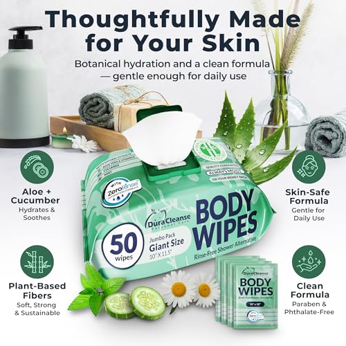 Image of Body Wipes for Women - Gentle - No Rinse Bathing Wipes - 50 Ct + 4 Travel | Gentle on Sensitive Skin, Cucumber & Marshmallow Root, Prebiotic Inulin, Aloe & Vitamin E, pH-Balanced, XL 10x11.5 inch Cloth