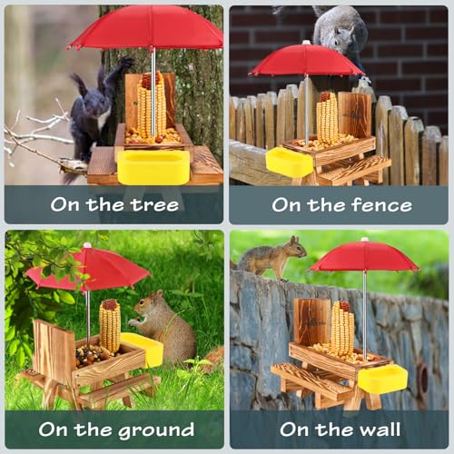 MIXXIDEA Wooden Squirrel Feeder Table with Water Bowl, Squirrel Picnic Table for Outside with Umbrella, Brown Squirrel Feeder with Corn Cob Holder Cute Chipmunk Feeder (Brown) - image 7