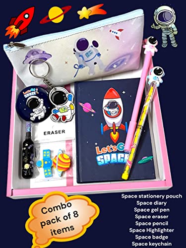 Image of Le Delite Kids Space astronaut planet Theme Stationery Gift Set Combo Return Gift Box (7 Items) Diary, Pouch,Eraser, Pen,Pencil,Keychain & badge For Kids Boys & Girls Return Gift (MULTI)