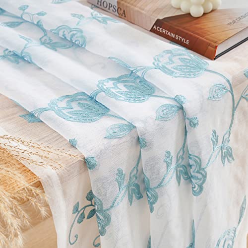 Image of Blue Sheer Curtains Embroidery 63 Inch Length Rod Pocket Voile Drapes for Living room, Bedroom, Window Treatments Semi Flower Pattern Curtain Panels for Kitchen, Yard, Farmhouse, Set of 2, 52 inchx 63 inch.