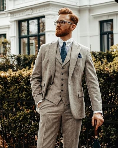 VENNYNG Men Tweed Suit Vintage 3 Pieces Business Blazer Pants Single Breasted Wedding Groom Work Causal Tailored3
