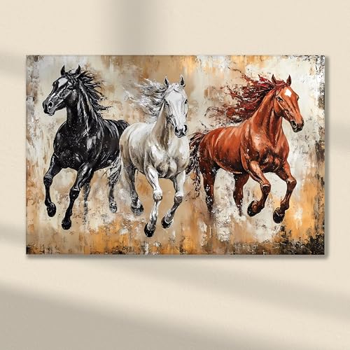 Image of 3 Running Horses Vastu Canvas Wall Art Painting For Living Room, Symbol of Strength Three Vastu Horse Painting, Abstract Elegant Horse Wall art for Home & Office, 22x34 Inch