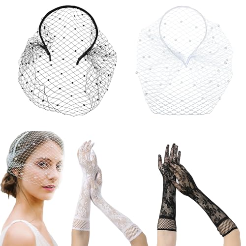 JSTHHTT 2 Piezas Malla Sombrero, Diadema con Velo de Malla, Fascinador Sombrero, Diadema Velo Pelo aro Diadema, para Mujer Niña Accesorios Peinados Fiestas (Blanco, Negro)