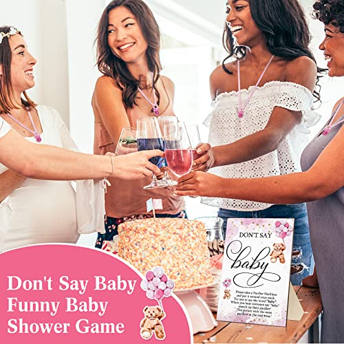 Image of Wesiti 51 Pcs Cool Baby Shower Game Wooden Sign Gift Sets 50 Baby Shower Pacifiers Necklace Acrylic Pacifier for Gender Reveal Party Favor(Bear,Pink)