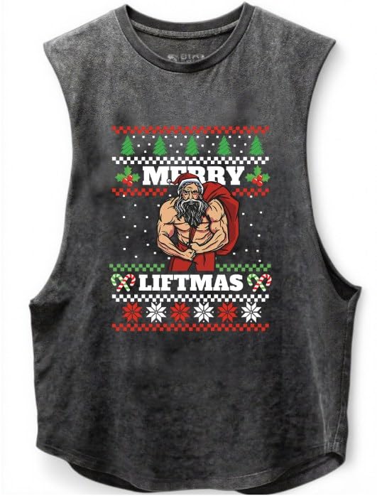 Merry Liftmas Christmas Scoop Bottom Cotton Tank Novelty Sleeveless T-Shirt Fitness Heavy Duty Training Tank Top Black