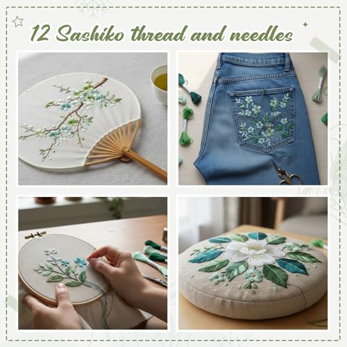 Image of Zeyune 12 Skeins Green Sashiko Thread 100% Cotton and 12 Pcs Needles Thread 20m(21.8yds) Sashiko Kit for Hand Quilting and Embroidery Projects Pick Stitching Denim