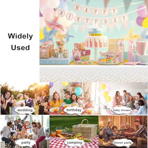 Image of 6 Pack White and Gold Tablecloth Party Decorations Plastic White Tablecloth Printed Gold Table Runner 54 x108 Inch Disposable Rectangle Table Cover for Birthday Wedding Graduation