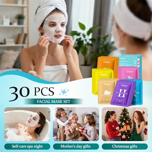 CHODEYE 30 Packs Sheet Facial Masks Set, 6 Styles Hydrating Face Masks Kit, Suitable for All Skin Type, Home Spa Facial Care, Perfect Birthday Valentine's for Women & Men