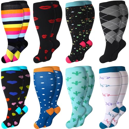 Croknit 8 Pairs Plus Size Compression Socks for Women Men Wide Calf Extra Large Size Knee Support Socks for Circulation (Pattern Style,XX-Large)