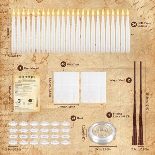 Image of 24 Pack Floating Magic Wand Candles with Warm LED Lights, Hanging Wizard Candles for Halloween Decorations, Wizard Theme Party, Haunted House, Christmas and Indoor Ceiling Decor