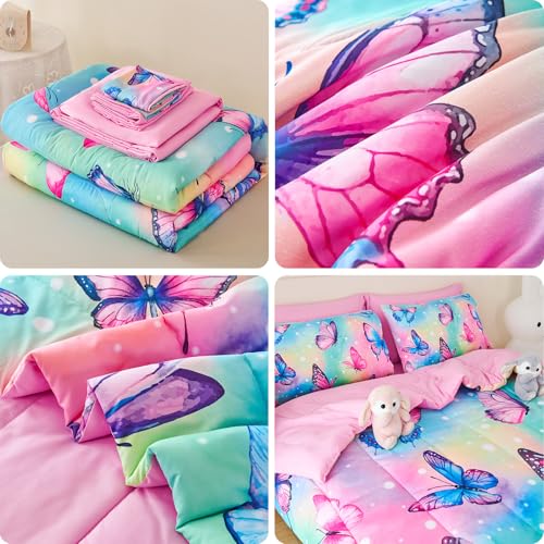 Image of 7 Pcs Butterfly Twin Bedding Set for Girls, Colorful Comforter Set Twin Size, Soft All Season Pink Butterfly Girls Bedding Sets with Sheets