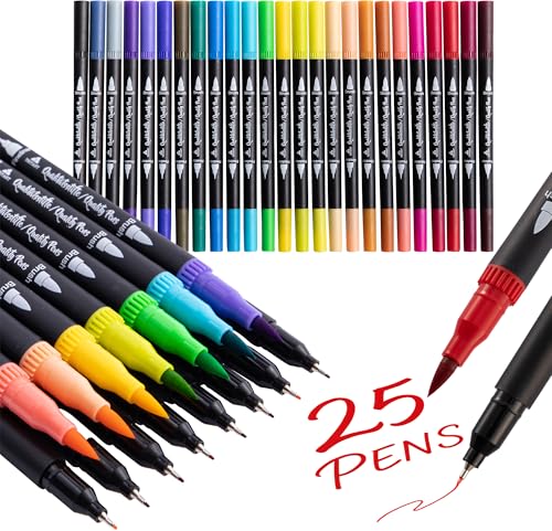 Tritart Lot de 25 Feutres de Coloriage Double Pointe pour Calligraphie, Mandala - Feutre Pinceau et Stylo Feutre Fin pour Adulte