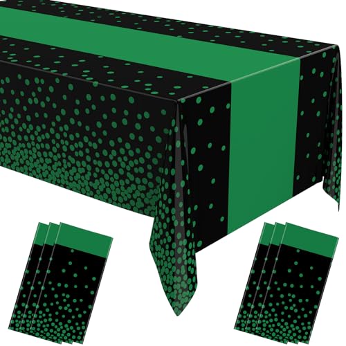 Image of Oudain 6 Pcs Green and Black Tablecloth for Parties Plastic Dot Tablecloths Printed Table Runner Waterproof Disposable Rectangle Table Cover for Graduation Birthday Wedding Summer Party, 54 inch x 108 inch