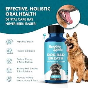 BestLife4Pets Dog Bad Breath & Dental Care, Natural Oral Care for Dogs Gums, Gingivitis, Tooth Pain, Easy to Use Dog Breath Freshener, Plaque Remover & Pet Teeth Cleaning Pill, Hide in a Chew or Treat BestLife4Pets Dog Bad Breath & Dental Care, Natural Oral Care for Dogs Gums, Gingivitis, Tooth Pain, Easy to Use Dog Breath Freshener, Plaque Remover & Pet Teeth Cleaning Pill, Hide in a Chew or Treat