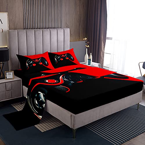 Loussiesd Game Fitted Sheets Double Size Black Red Bed Sheet 100% Microfiber Deep Pockets Sheet Set 4 Pcs