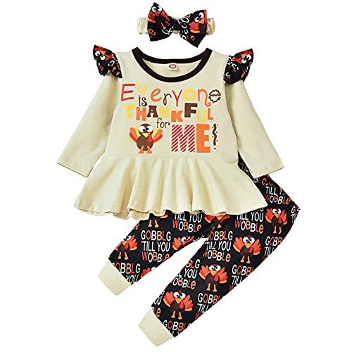 HINTINA Toddler Baby Girl Thanksgiving Outfits Ruffle Turkey Dress Top Pants Headband 3PC Fall Winter Clothes Set