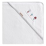 Tamaño: 100x100 cm Burrito Blanco Capa de Baño para Bebé/Toalla de Baño 204 para Bebé con Capucha de Rizo Blanco con Bordado de Setas, Rojo y Turquesa