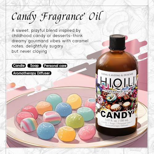 Image of HIQILI Candy Fragrance Oil for Diffusers for Home - 5.07 Fl Oz | Long-Lasting Sweet Scent, Perfect for Soap & Candle Making, Pet Safe, Graduated Dropper Included