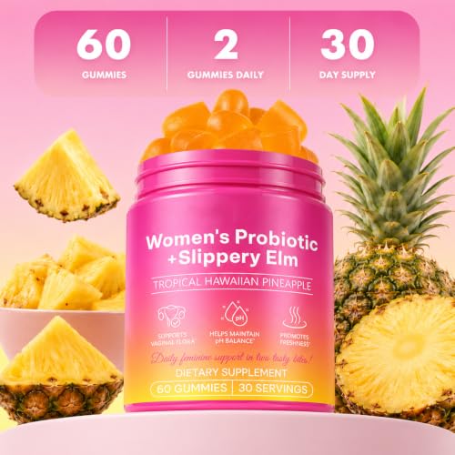Image of Feminine Probiotics Gummies,With Slippery Elm & Prebiotic Fiber,Probiotic Health Support,PH Balance Gummies for Women,Promotion of Womens Health,Natural Pineapple Flavor,Vegan,Gluten-Free,60 Count