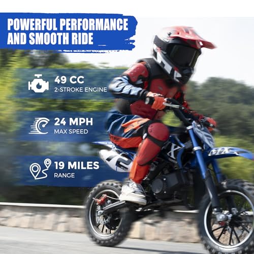Image of Gas Dirt Bikes for Kids, 50cc 2 Stroke Kids Dirt Bike, 49cc Dirt Bike Up to 24 MPH Pull Start, Pit Bike for Boys Girls, Gas Dirt Bike Dual Disc Brake Inverted Fork Off Road Blue with Armor Suit Set