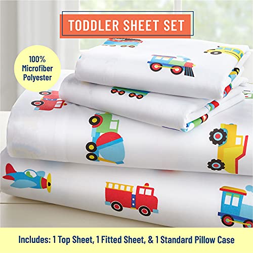 Wildkin Kids Microfiber Toddler Sheet Set For Boys And Girls, Bedding Sheet Set Includes Top Sheet, Fitted Sheet, And One Standard Pillow Case (Trains, Planes And Trucks) #TOP1