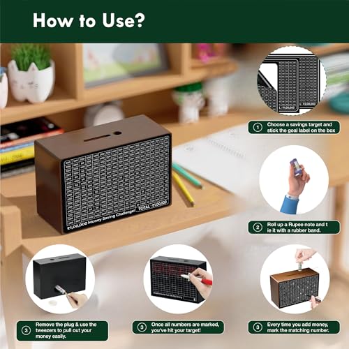 Image of Farmical Wooden Money Saving Box, Piggy Bank for Adults & Kids, Cash Savings Box for ₹50000 ₹100000 ₹200000 with Counter, Hundial Saving Challenge with Pen & Tweezers
