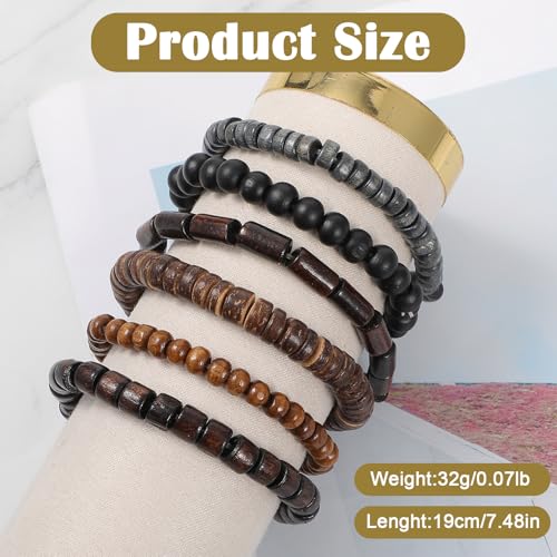 Wooden Mens Beaded Bracelets 6 PCS Adjustable Elasticity Rope Vintage Multi-Layer Mens Bracelet Braided Leather Multilayer Grunge Set Cuff Wrap Bangles Detachable Bracelets for Men and Women2