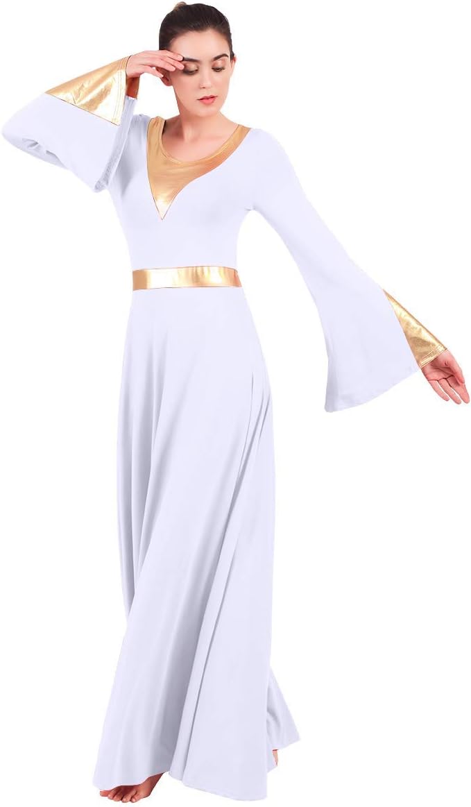Women Metallic Color Block Liturgical Praise Lyrical Dance Dress Bell Long Sleeve Church Dancewear Gown Worship Costume - Image 6