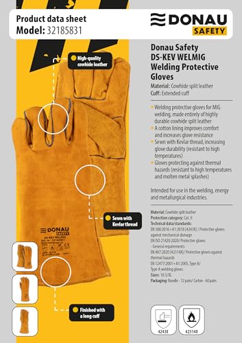 DONAU SAFETY Schweißerhandschuh aus Rindsleder für MIG-Schweißen/Größe 10 XL, 1 Paar/Hochwertige Produkte/Arbeitshandschuhe Leder/Lederhandschuhe Schutzhandschuhe/Farbe: Golden