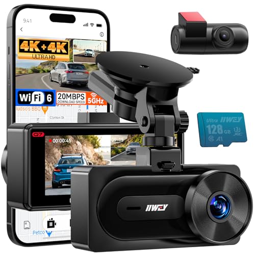IIWEY 4K+4K Dash Cam Front and Rear, Dual STARVIS w/HDR, 5G WiFi-6 (up to 20MB/s) with App, 128G SD Card Included, GPS, Dash Camera for Cars with 24/7 Parking Mode, 3.18 Inch IPS, 170° Wide Angle