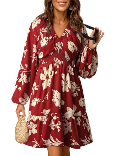 Image of Dokotoo Womens Dresses Boho Floral V Neck Long Sleeve Smocked Elastic Waist Casual A-Line Mini Dress Sundress