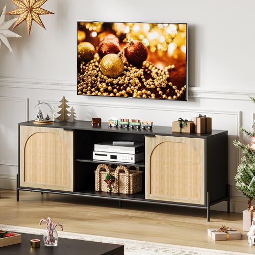 Garvee Rattan TV Stand for 75" TV with Storage, 65" Console Table with Metal Legs, Rattan Media Cabinet with 2 Doors, Wooden Stands for Living Room, B