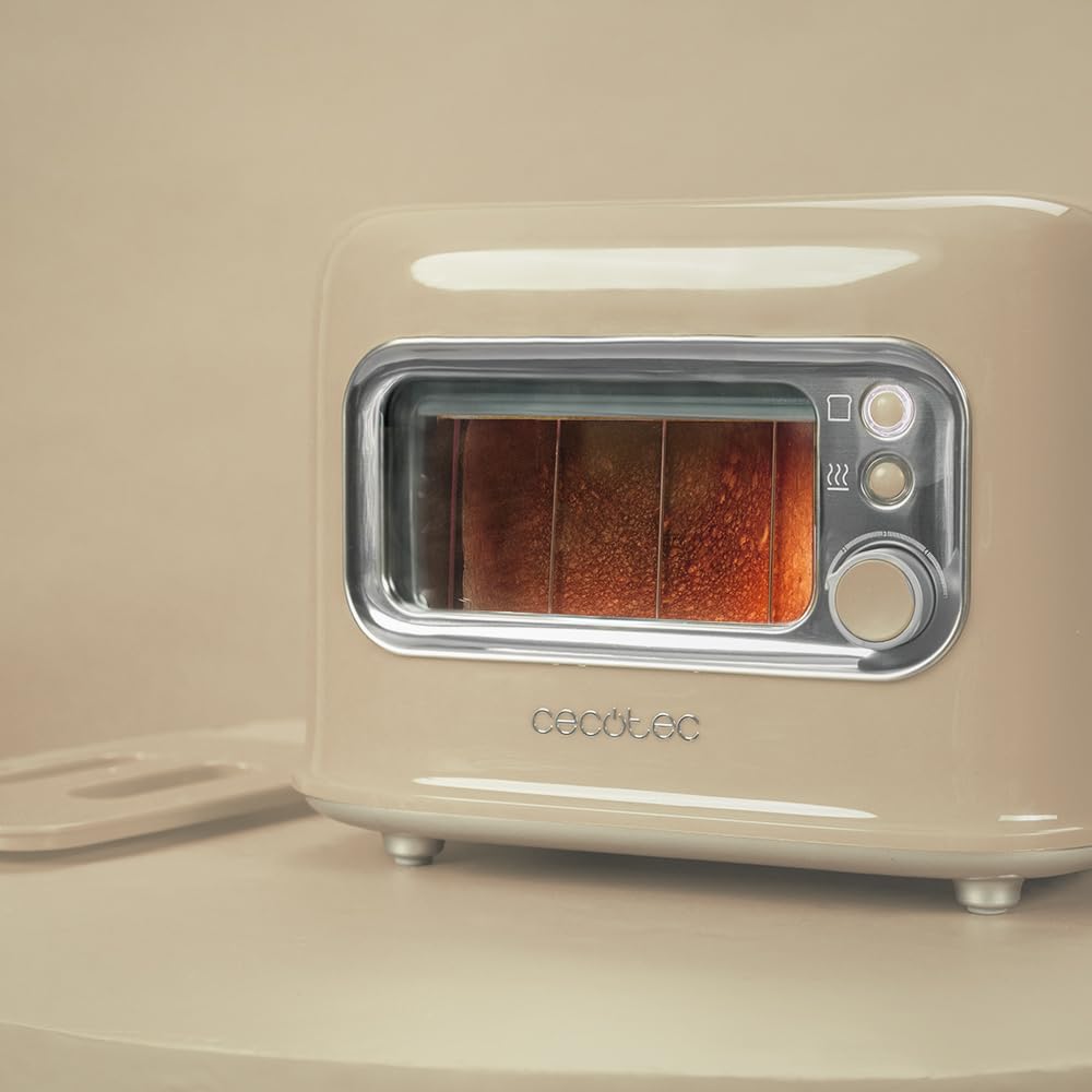 Cecotec Tostadora Vertical con 2 Ranuras Anchas y Ventana Control RetroVision Beige. 700W, Diseño Retro, Cubierta Antipolvo, Apagado y Pop-up Automático, 5 Niveles de Potencia, Beige