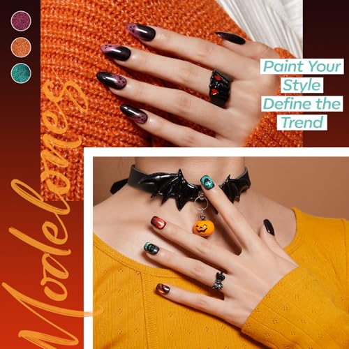 Image of Modelones Cat Eye Gel Nail Polish, 6 Colors Halloween Red Green Purple Orange Blue Gel Polish Set with Magnet Nail Stikers Glitter Nail Polish Kit Black Base Soak Off Led Nail Art Manicure Salon DIY