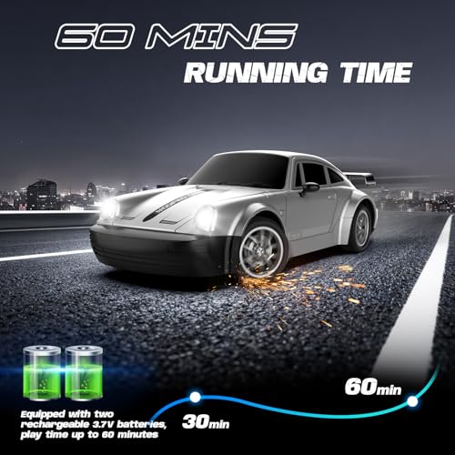 Image of RC Drift Car 1:24 Scale, 4WD Remote Control Car with LED Lights 20KM /H High Speed, Dual-Mode Racing & Drifting Toy Car with 2 Batteries, Gift for Kids & Adults, Silver