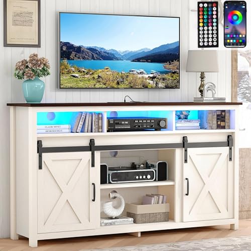 Vinctik 6&Fox 57” Wooden Farmhouse TV Stand for 60/65 inch TV,Double Layer Storage Entertainment Center TV Console Table,w Double-Row Sockets and 2 Sliding Barn Door,Media Cable Box(White)