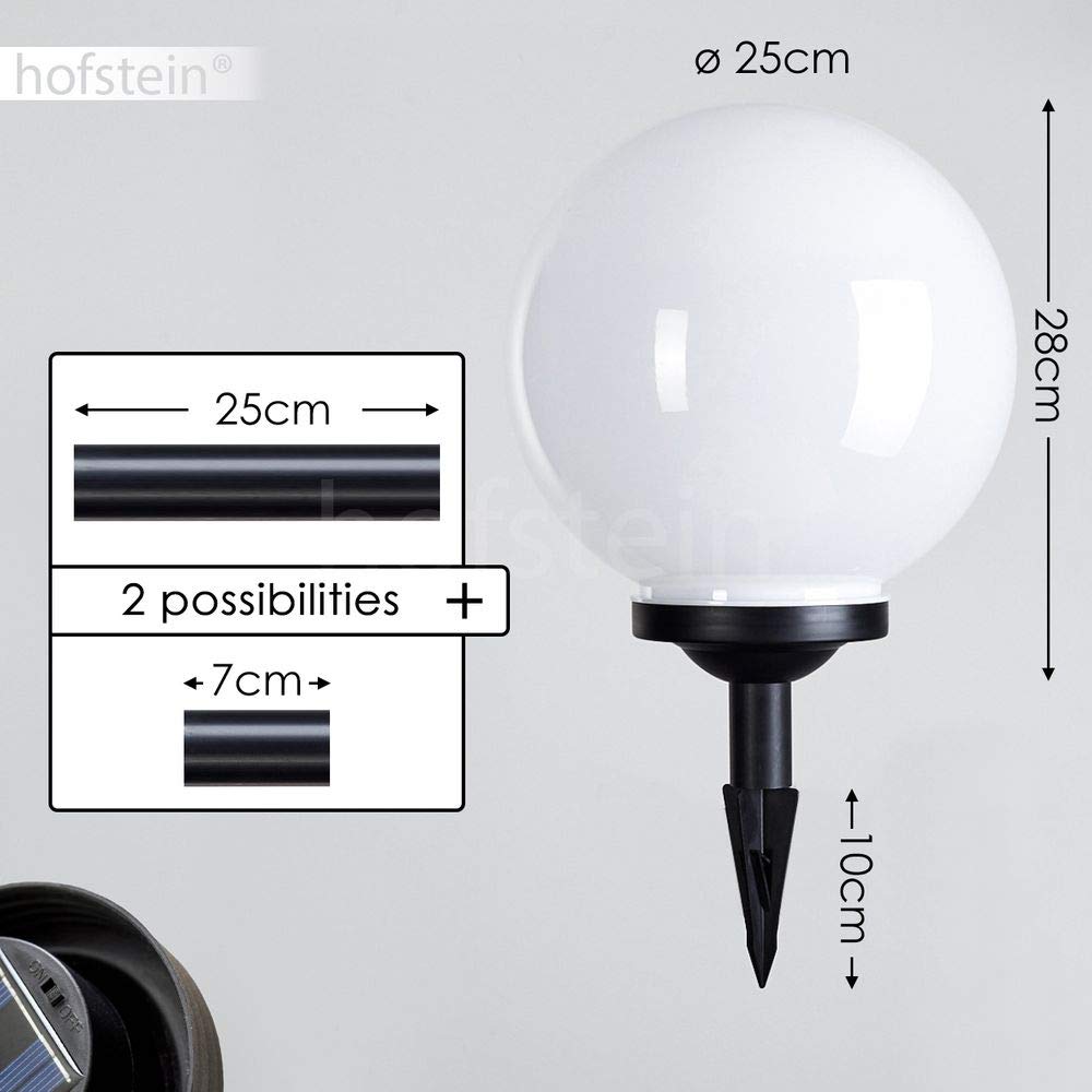 Boule lumineuse solaire LED Campinas en plastique blanc étanche, potelet de jardin de Ø 25 cm avec pieu de fixation, interrupteur on/off, 3000 Kelvin (blanc chaud)