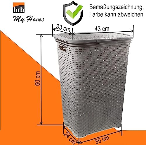 HRB Wäschekorb mit Deckel Rattan, Wäscheaufbewahrung aus Kunststoff, Wäsche Sortierer (65 L - Eckig, Anthrazit)