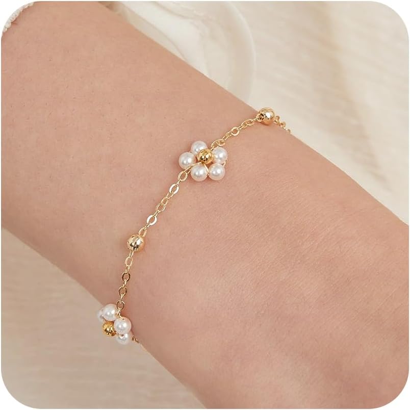 Gold Pearl Bracelets for Women, Freshwater Pearl Bracelet Stack 14K Gold Plated Hand Chain Dainty Flower Bracelets CZ Beaded Bracelets Stackable Trendy Jewelry Gifts for Her