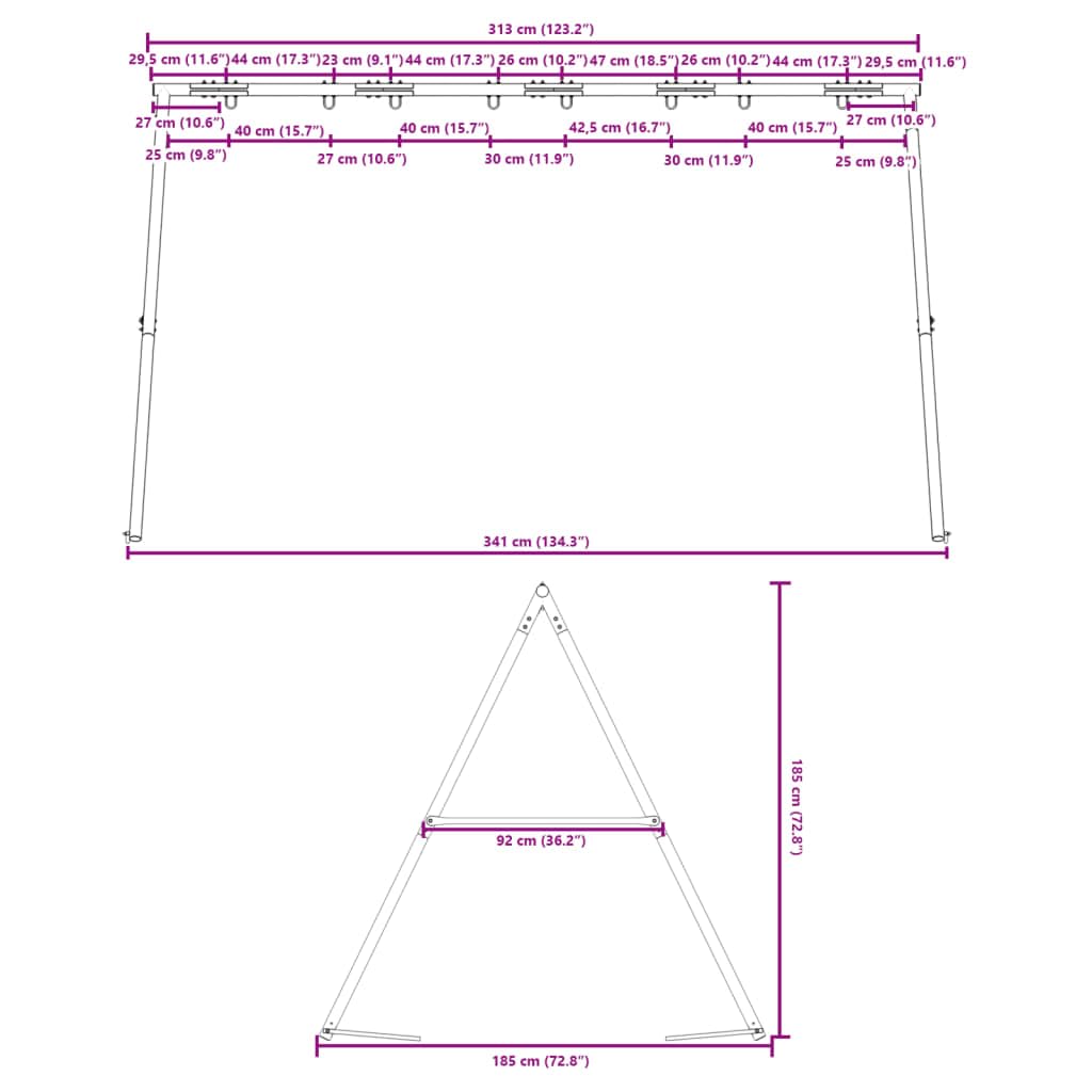 Schaukelgestell aus lackiertem Stahl 341 x 185 x 185 cm, belastbar bis 200 kg, für 4 Kinder, kompatibel mit Schaukelsitzen, Nestschaukel und Trapezen, ideal für Garten, Spielplatz, Outdoor