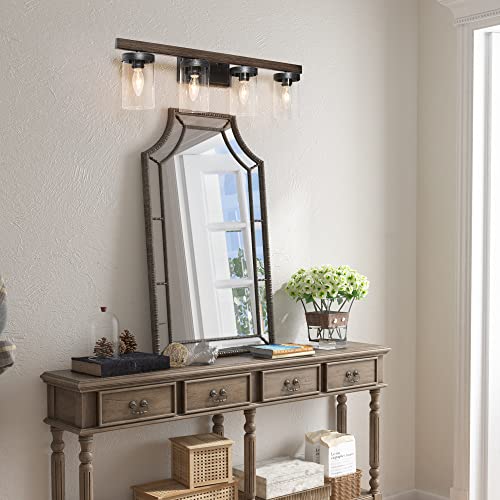 Image of Farmhouse Bathroom Light Fixtures, 4-Light Vanity Lighting Fixtures with Clear Glass Shade in Faux Wood & Black Silver Brushed Finish(28 inch in Length)