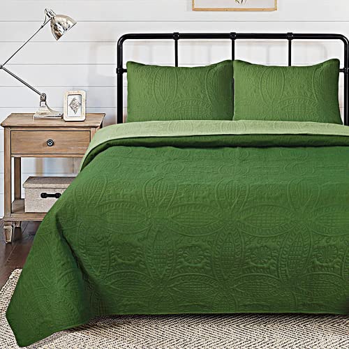 Bedream 3 PCS Over - Sized Reversible Bedspread Set with Coin Medallion Pattern, Light Weight Ultrasonic Embossed Coverlet Set for All Season, Elegant Modern Microfiber Quilt Set, King, Green