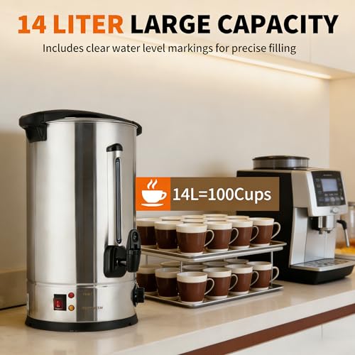 14 L/110 Cups Coffee Urn, Double-Wall Stainless Steel Coffee Maker Hot Water Urn, Large Capacity Hot Coffee Dispenser, Quick Brew, Stays Hot for Buffet Catering Wedding Gathering(Silver) by PioneerWorks - Image 3