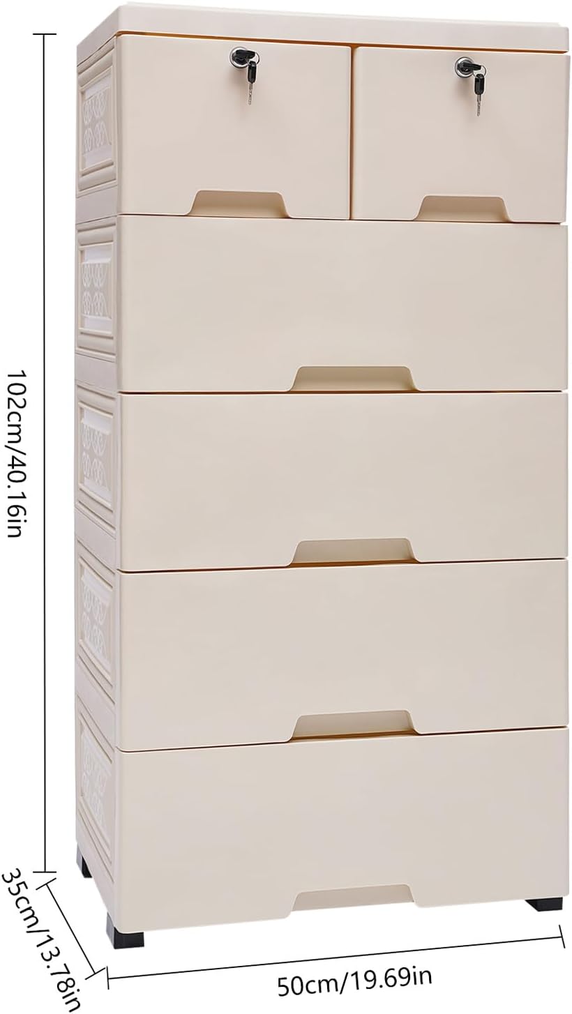 5-Tier Plastic Drawers Dresser with Lock, Storage Dresser with 6 Drawers, Freestanding Movable Tower Storage Drawers Organizer,Tall Dressers Shelf for Living Rooms (Beige Color)