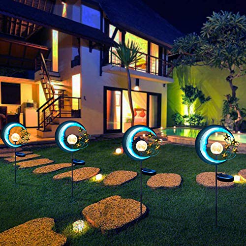 EPROSMIN Stars Moon Solar Lights Outdoor - Solar Powered Garden Lights Decorative Crackle Glass Globe Led Waterproof Landscape Lighting for Pathway,Yard,Lawn,Patio